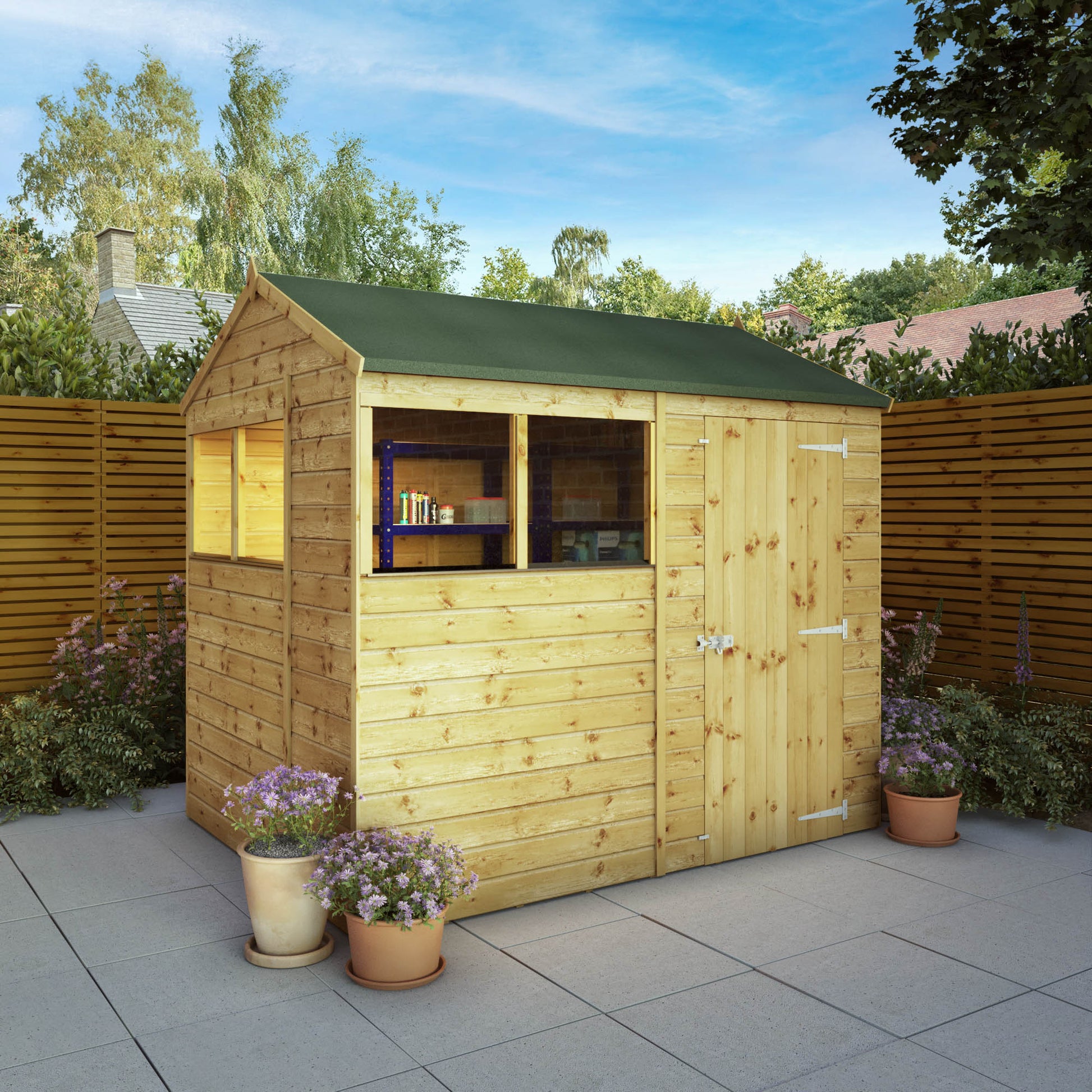 A timber shed with windows on two sides and a single door