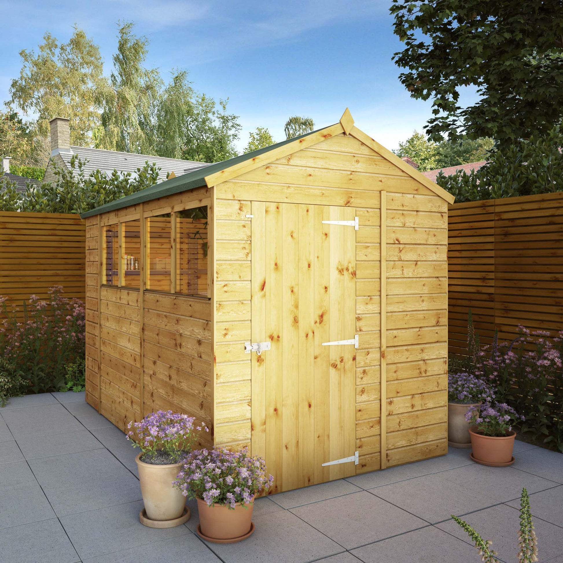 A timber shed with single door, windows and apex roof