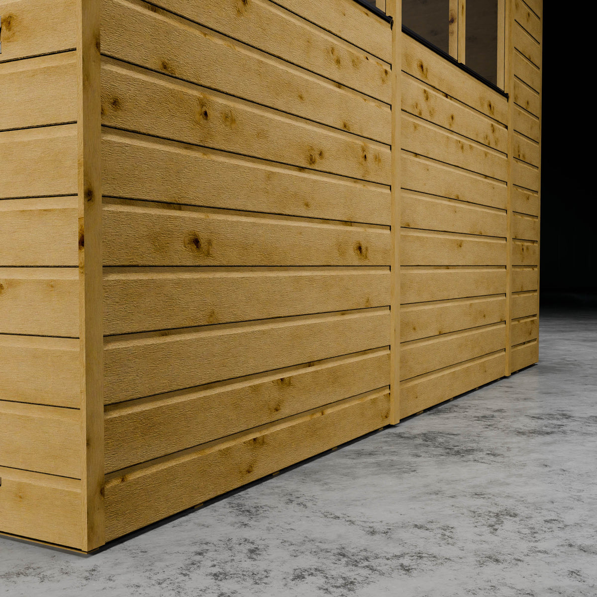 Wooden shiplap shed cladding with styrene windows in a darkened setting.