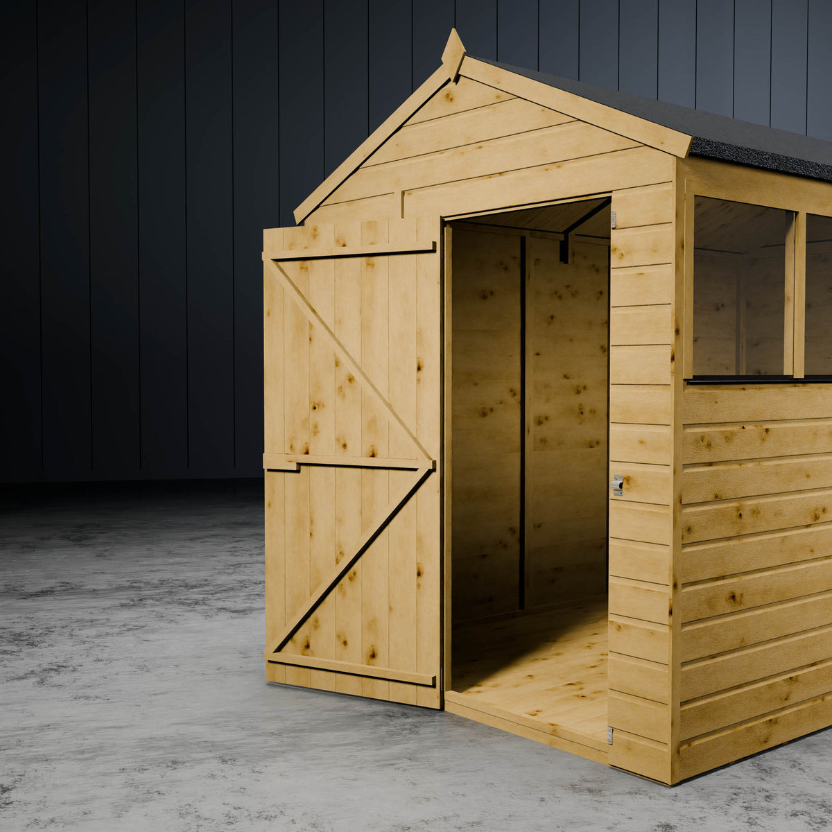 Wooden shed with open door on a gray floor and dark gray wall background