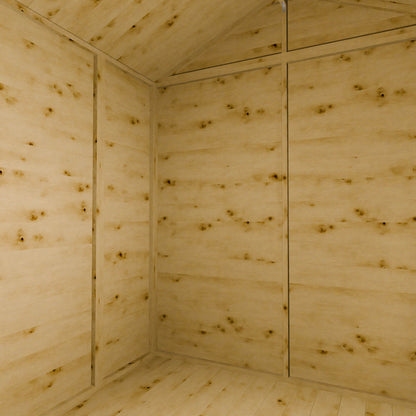 Wooden shed interior with a focus on the walls and ceiling.