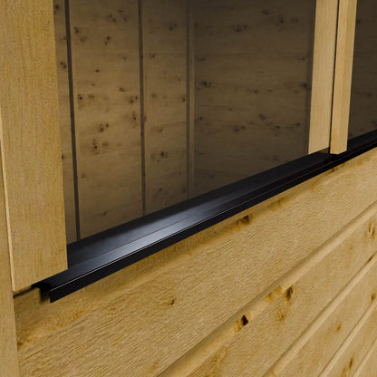 Close-up of a wooden shiplap shed with a black styrene window frame.
