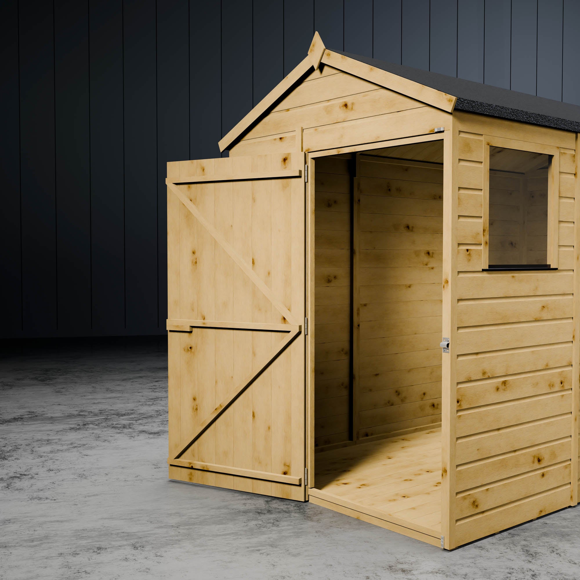 Wooden apex overlap shed with styrene windows and a single open door on a metallic background.
