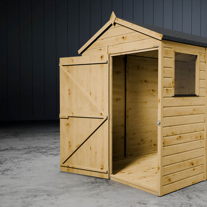 Wooden apex overlap shed with styrene windows and a single open door on a metallic background.
