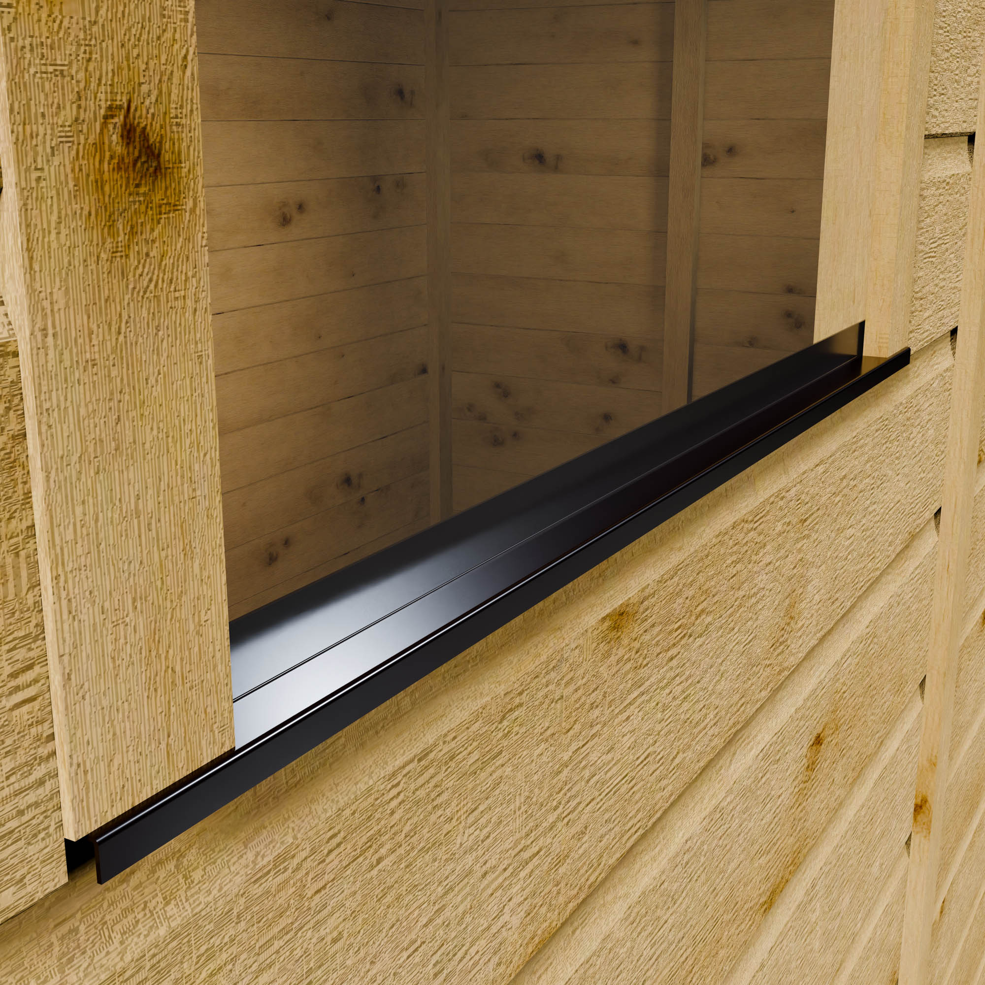 Close-up of a wooden wall with a window frame and black weather stripping.