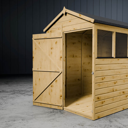 Wooden shiplap apex shed with styrene windows and open doors in a metallic setting.