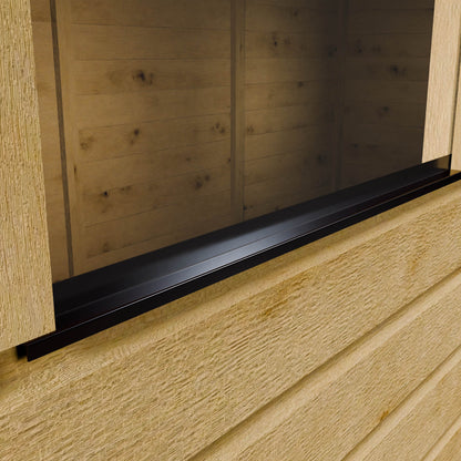Close-up of a wooden shed wall with a black trim strip.