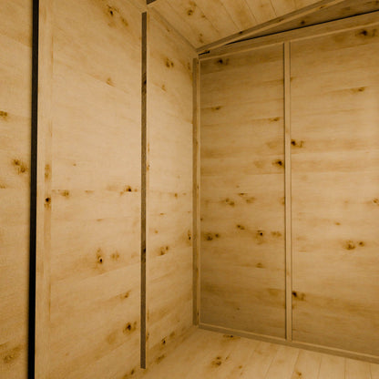 Wooden shed interior with a door open