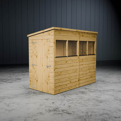 Wooden shiplap pent shed with styrene windows in a metallic setting.