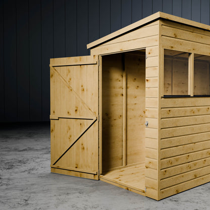 Wooden shiplap pent shed with an open door and styrene windows in a metallic setting.