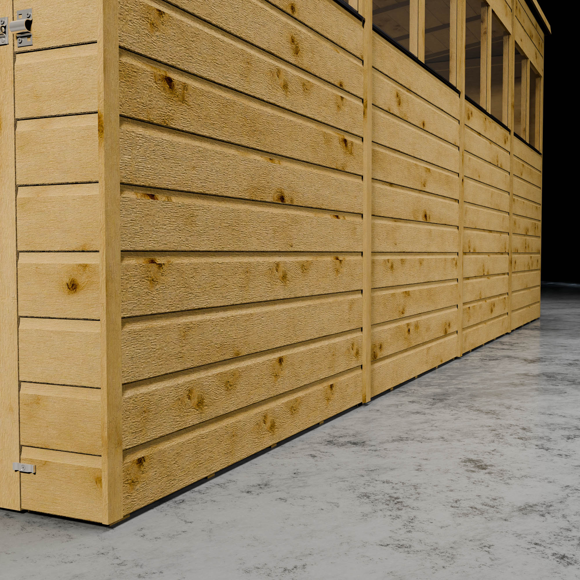 Wooden shiplap shed wall with styrene windows and door outline in a dark setting.