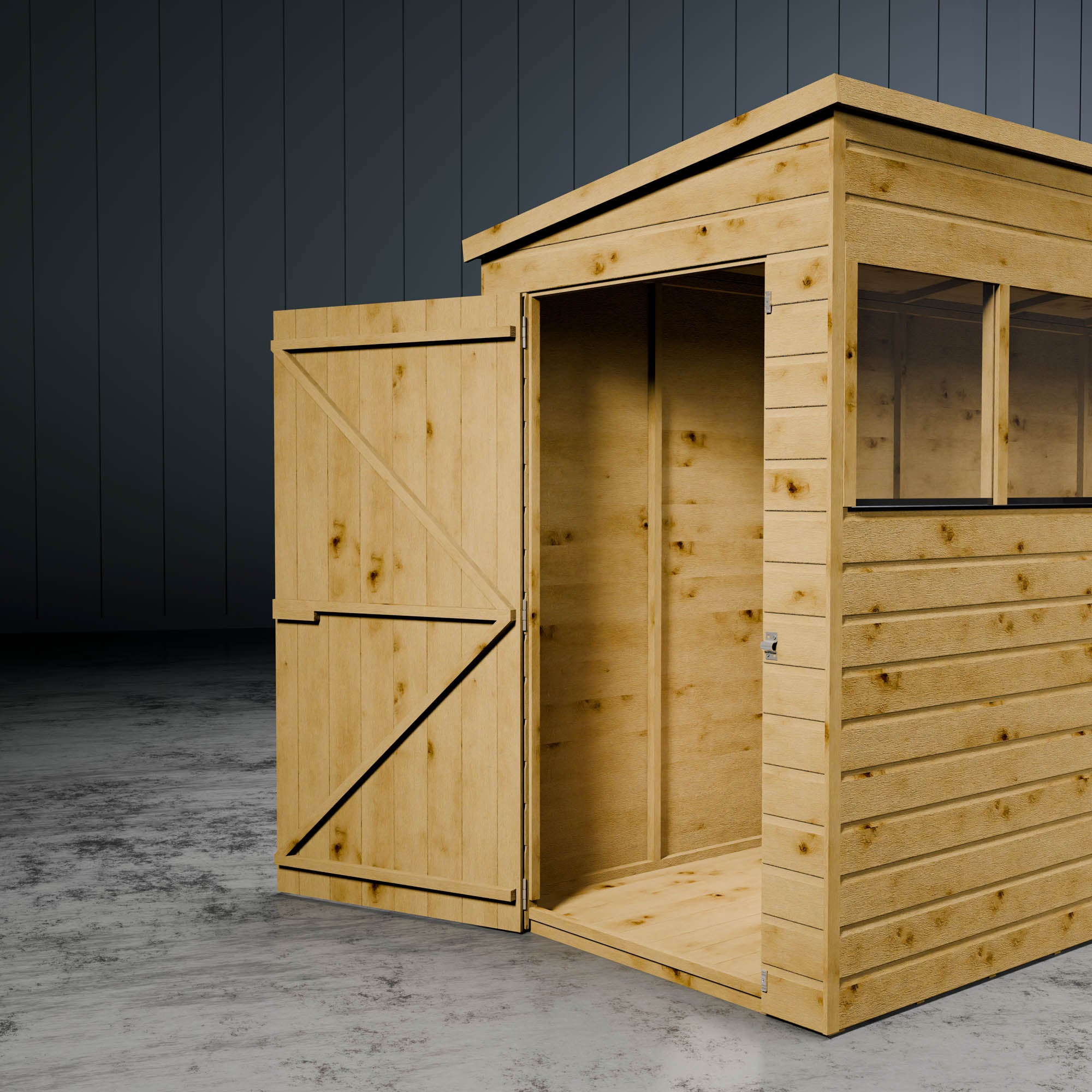 Wooden pent shiplap shed with styrene windows and open door in metallic setting.