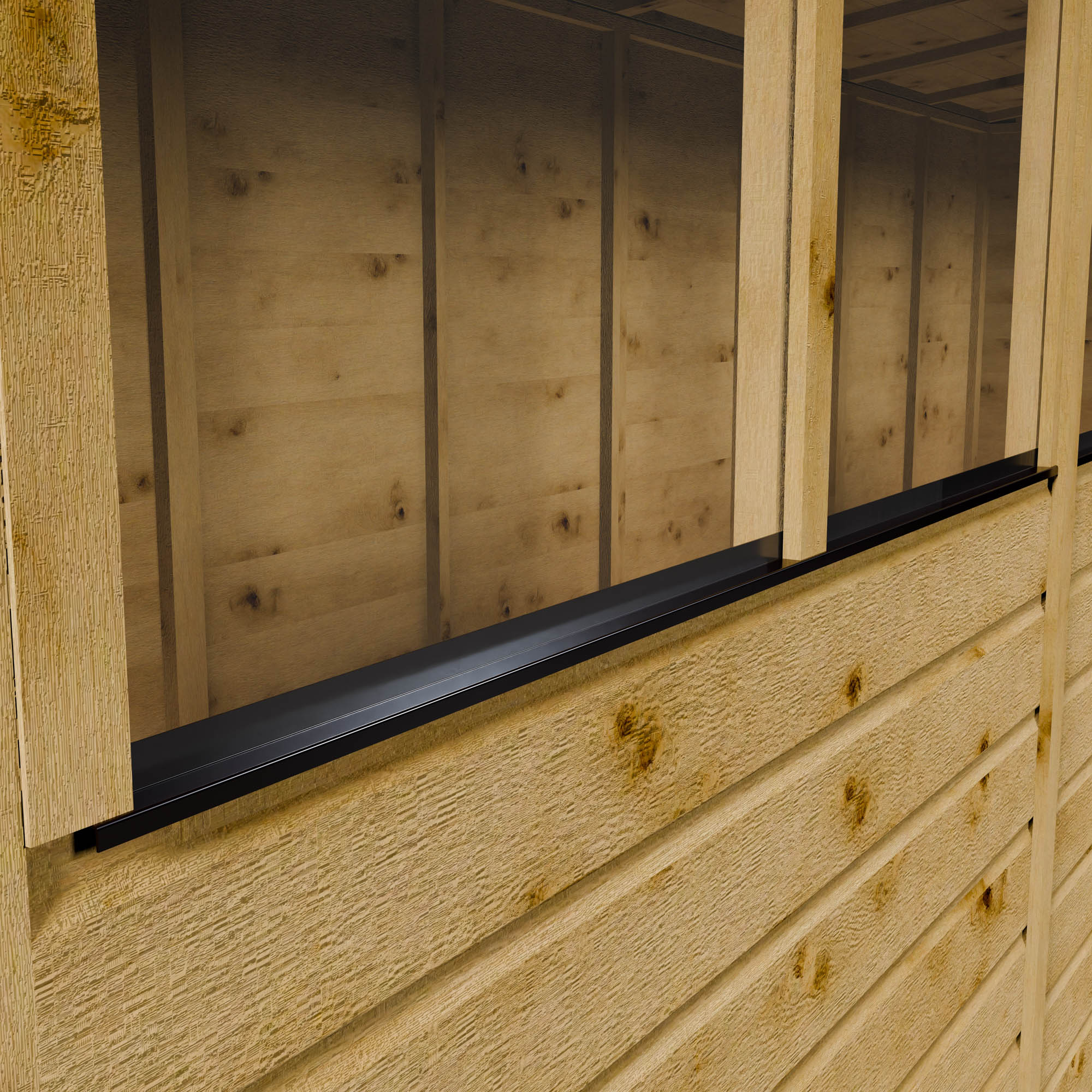 Wooden shed wall with a window featuring a black frame.