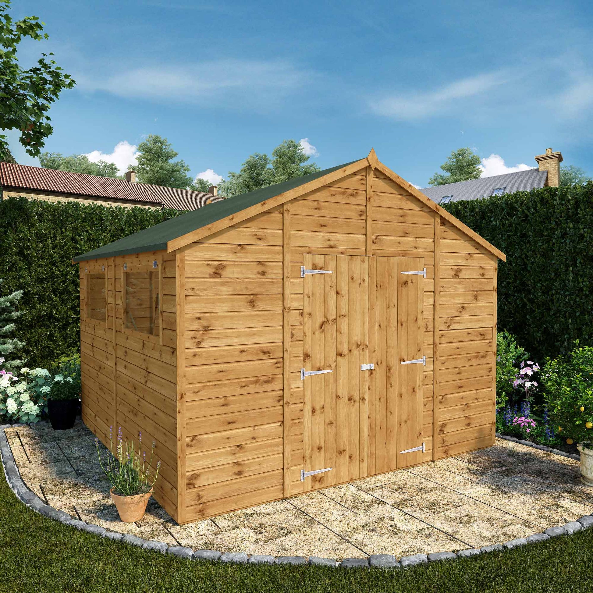A large timber shed with double doors and windows