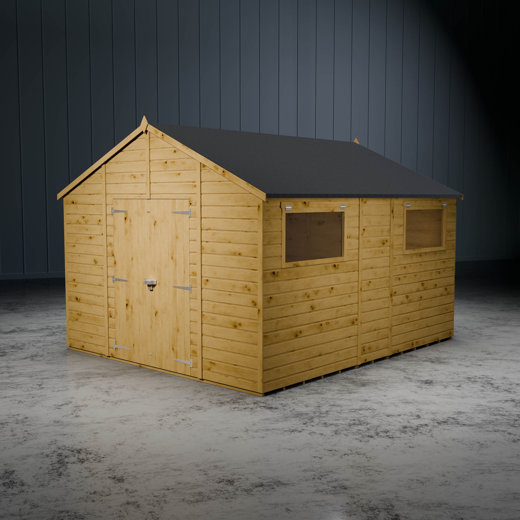 Wooden apex shiplap shed with opening styrene windows and double doors in a metallic setting.