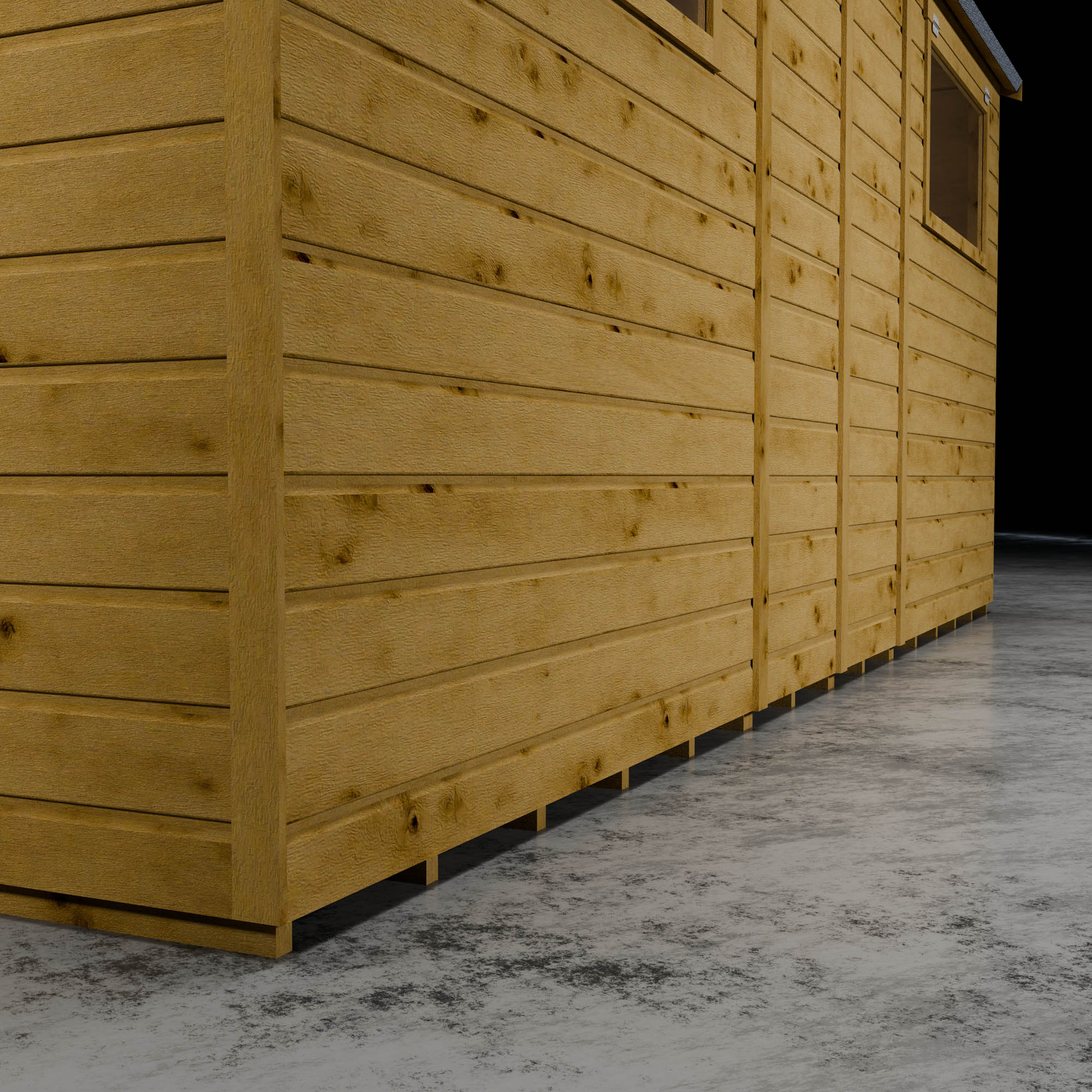 Wooden shiplap shed wall with styrene windows in a darkened setting.
