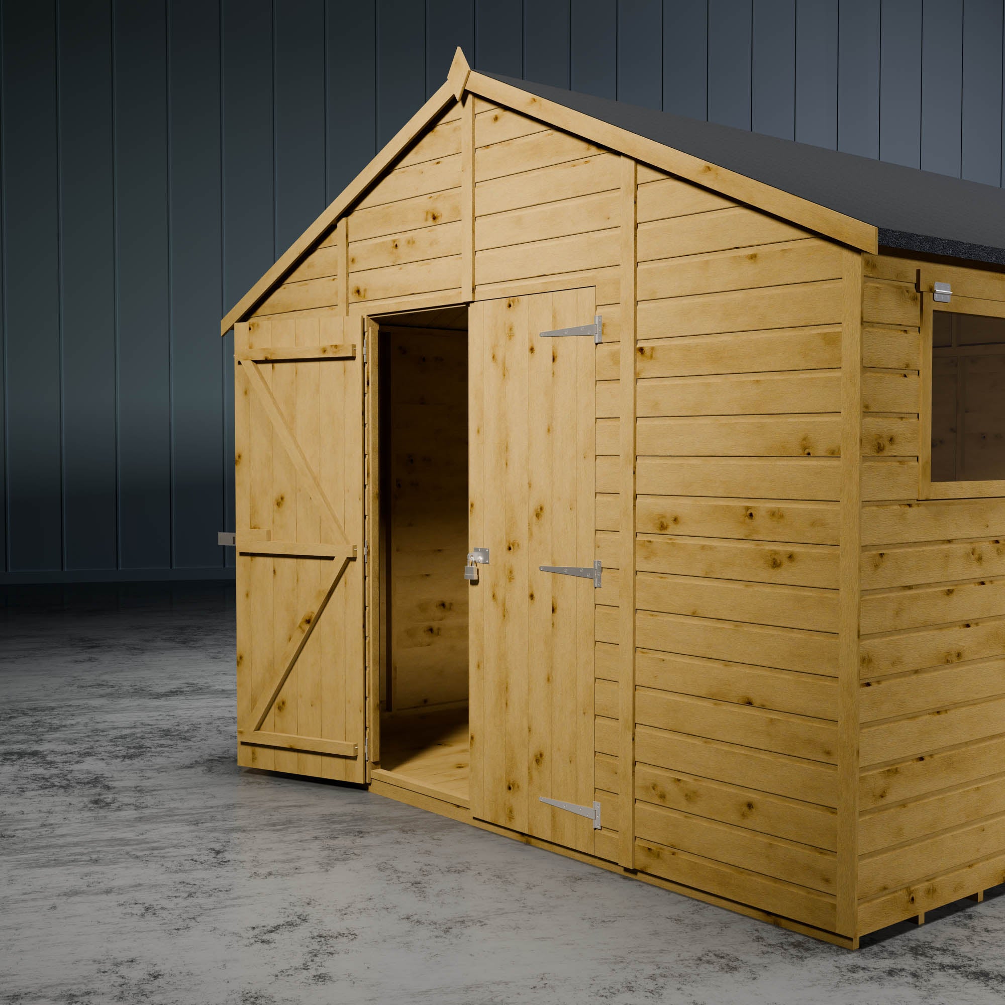 Wooden apex shiplap shed with styrene windows and an open door in a metallic setting.