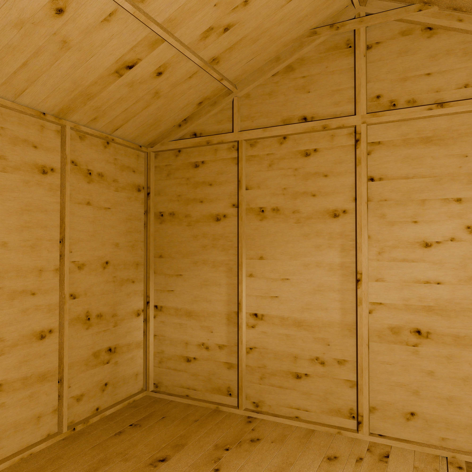Wooden interior of a shed with an apex roof