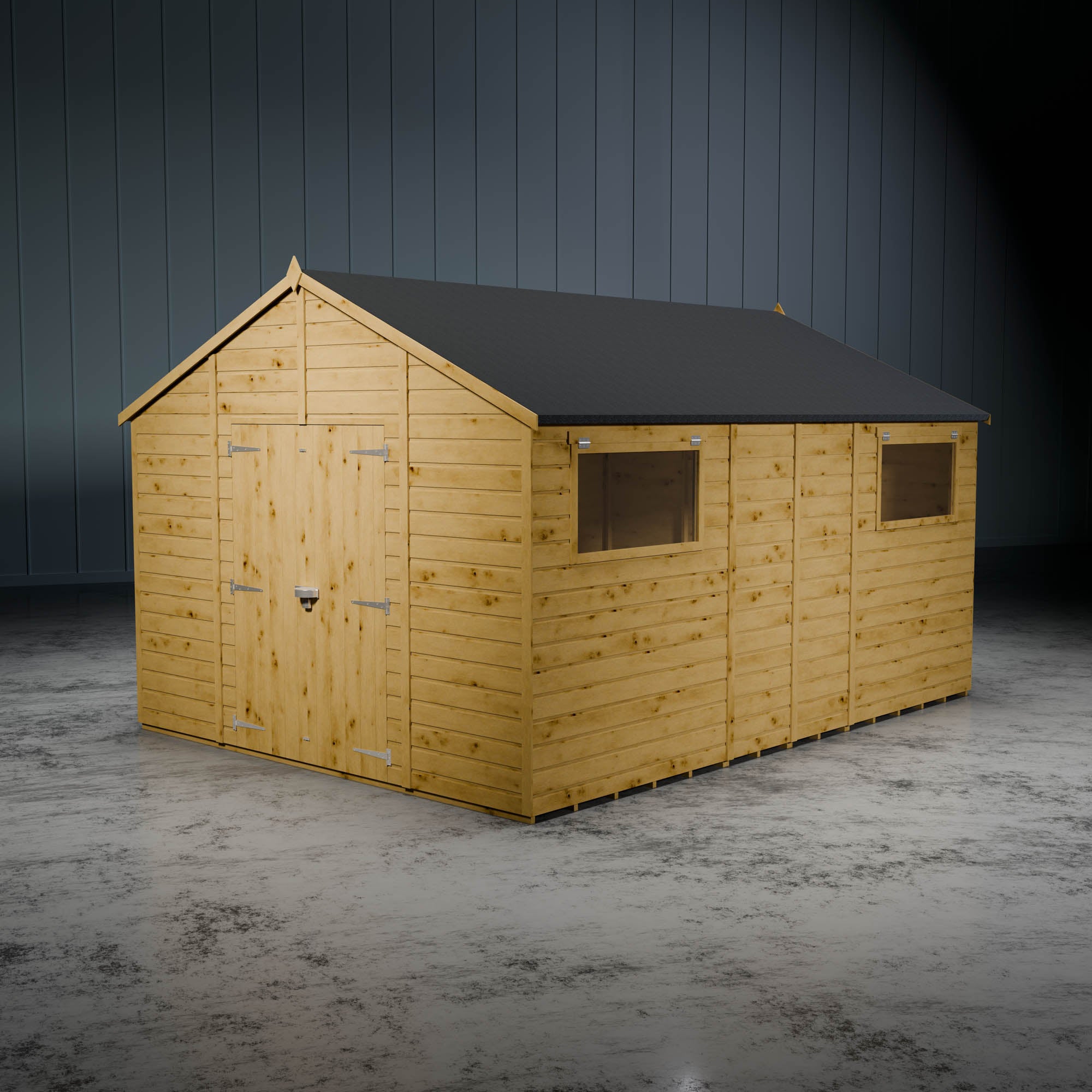 Wooden shiplap apex shed with two styrene windows and double doors in a metallic setting.
