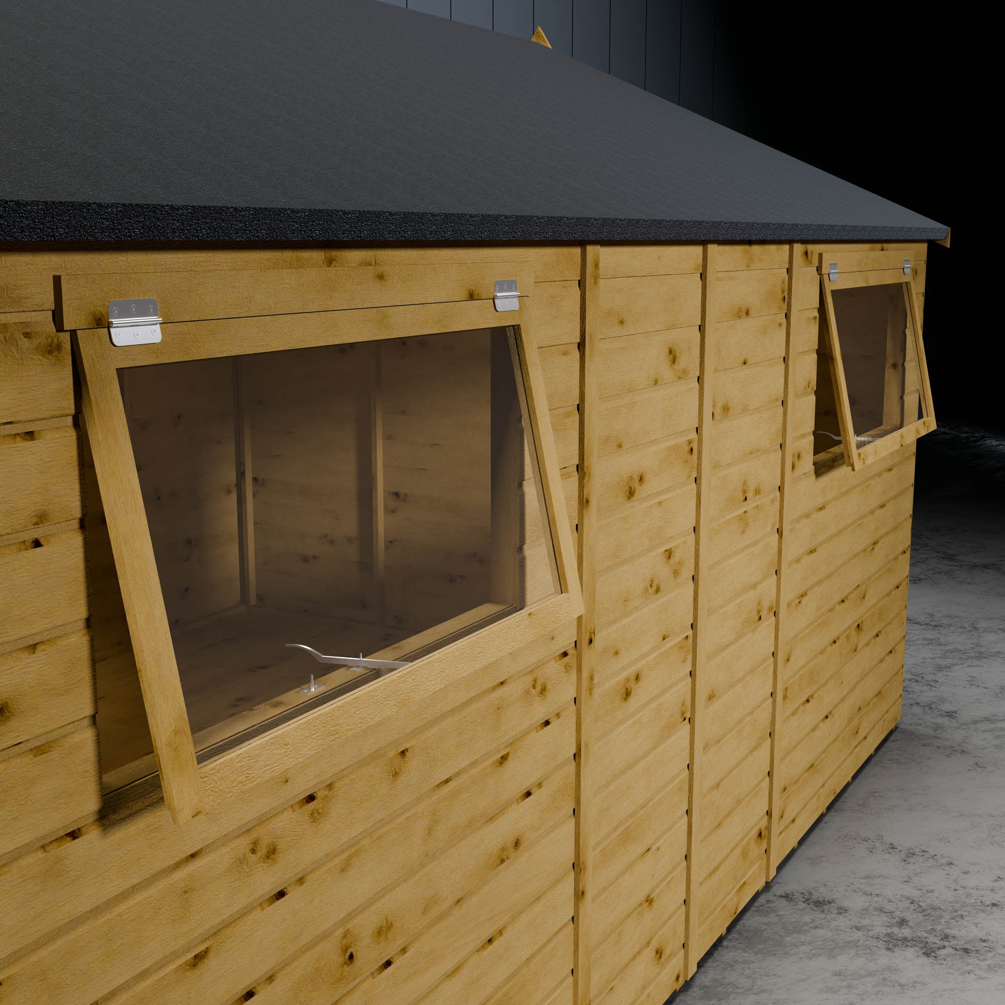 Open styrene windows of a wooden shiplap apex shed in a darkened setting.