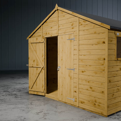 Wooden shiplap apex shed with one of the double doors open in a metallic setting.