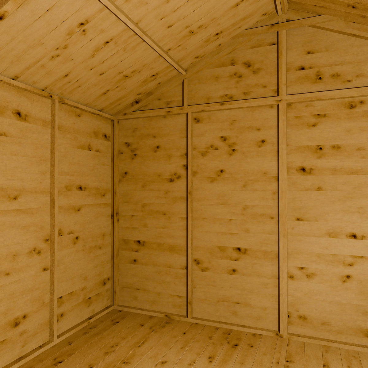 Wooden shed interior with an apex roof