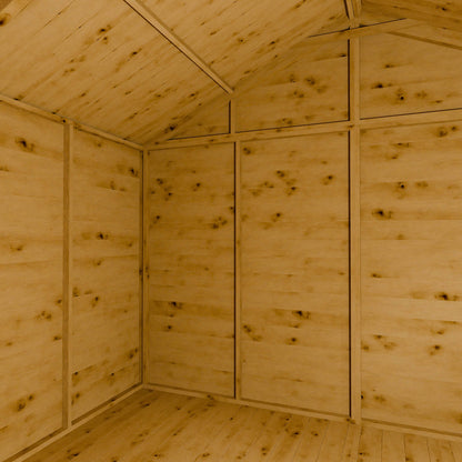 Wooden shed interior with an apex roof