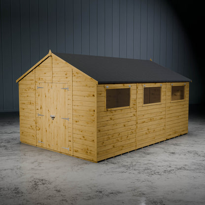 Wooden pent shiplap shed with three styrene windows and double doors in a metallic setting.