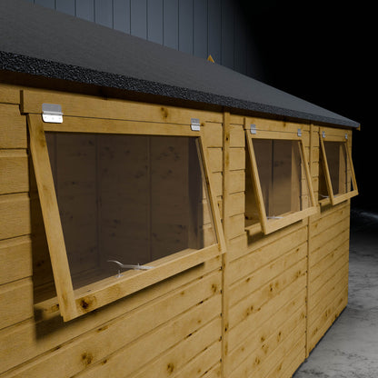 Three open styrene windows with metal accents of a wooden shiplap shed.