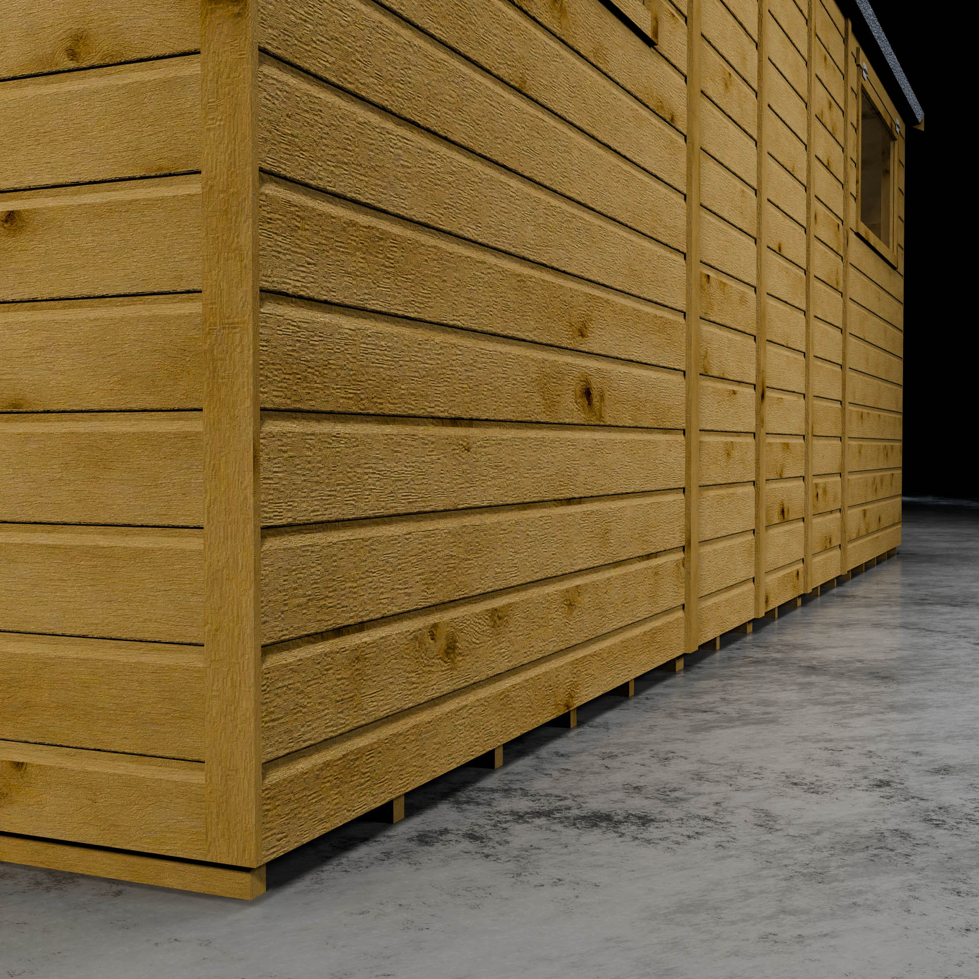 Wooden shiplap shed cladding with a styrene window in a darkened setting.