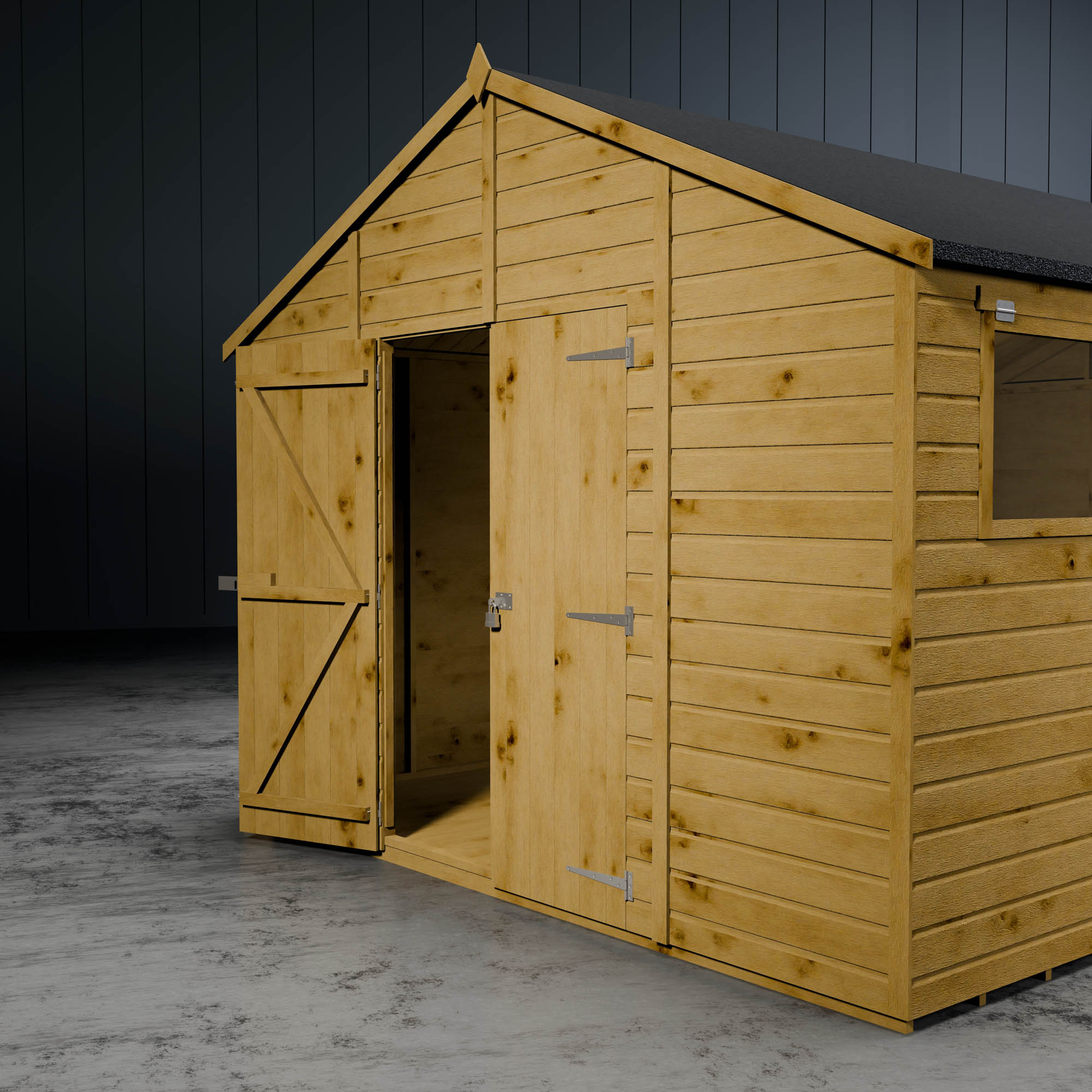 Wooden shiplap apex shed with a single open door in a metallic setting.