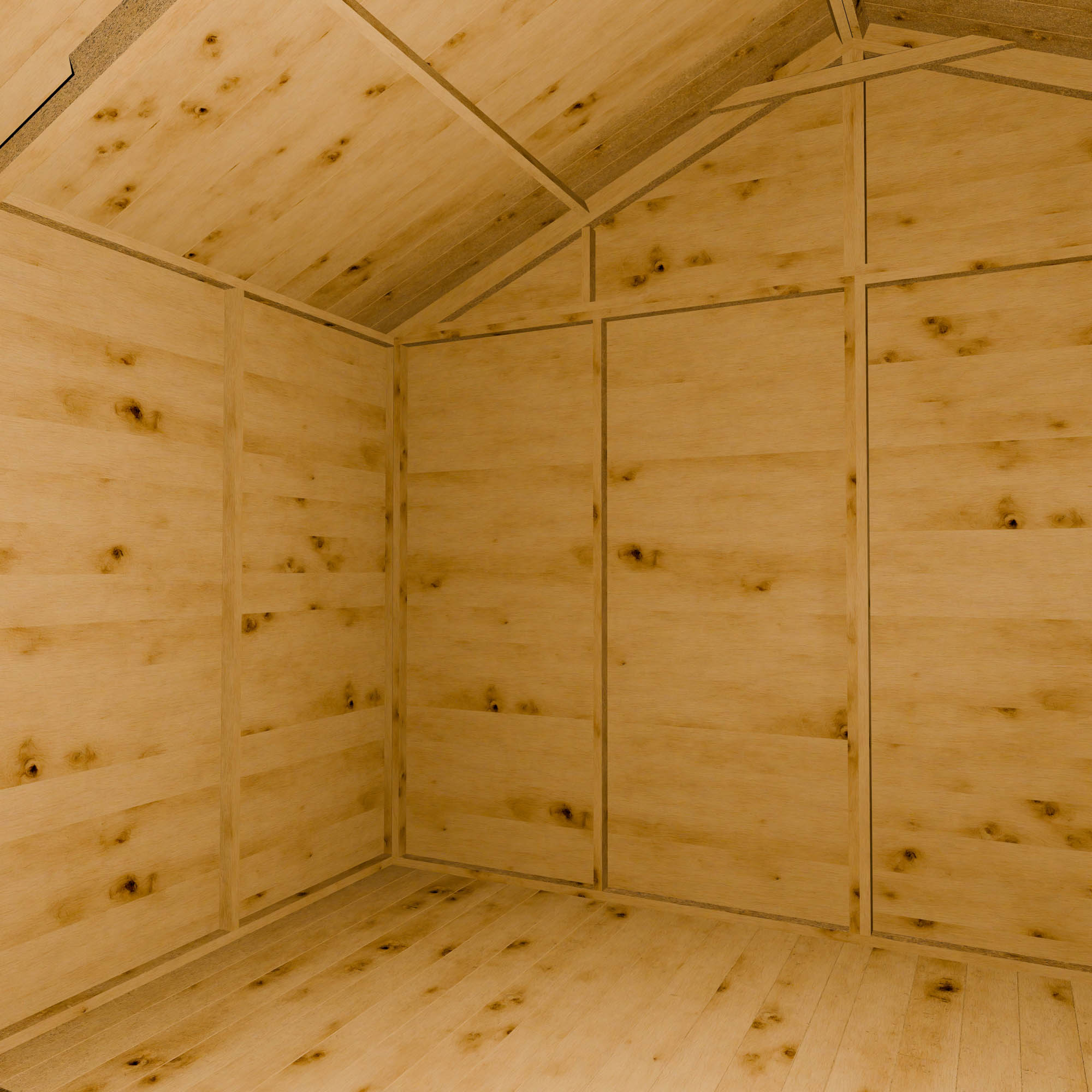 Wooden shed interior with an apex roof