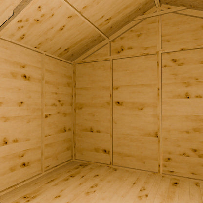 Wooden shed interior with an apex roof