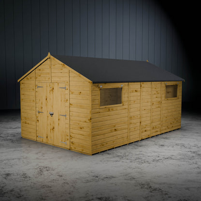 Wooden shiplap apex shed with opening styrene windows and double doors in a metallic shed.