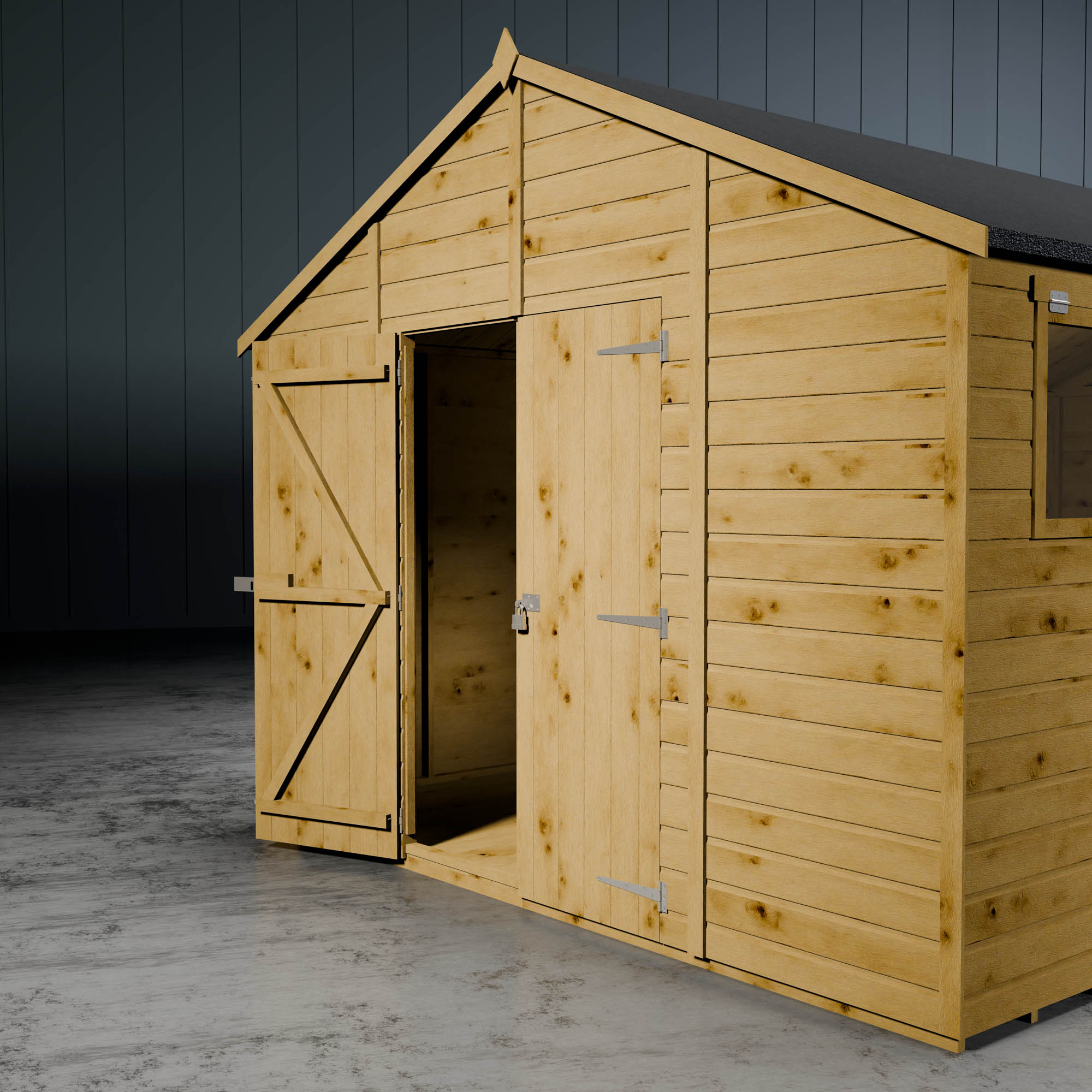 Wooden shiplap apex workshop with one of the double doors open in a metallic setting.