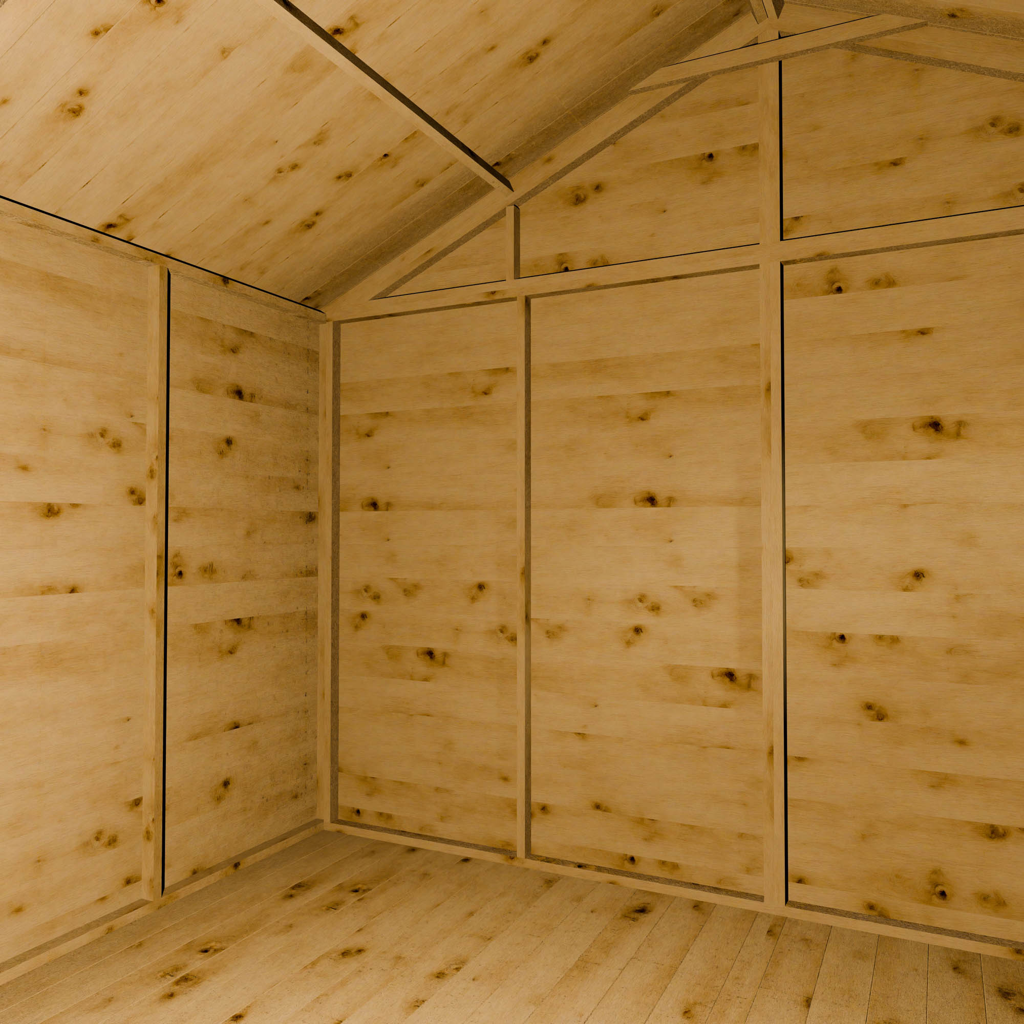 Wooden shed interior with an apex roof