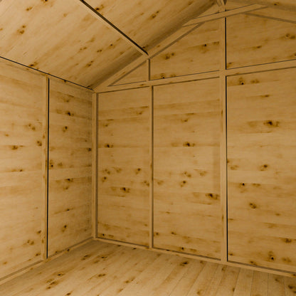Wooden shed interior with an apex roof