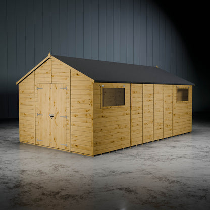Wooden shiplap apex workshop with styrene windows and double doors in a metallic setting.