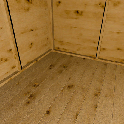 Wooden shed interior with planks on walls and floor