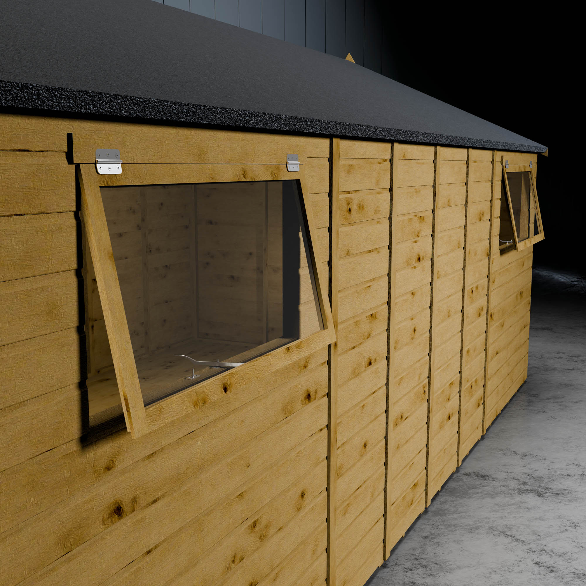 Wooden shiplap apex shed with two opening styrene windows.