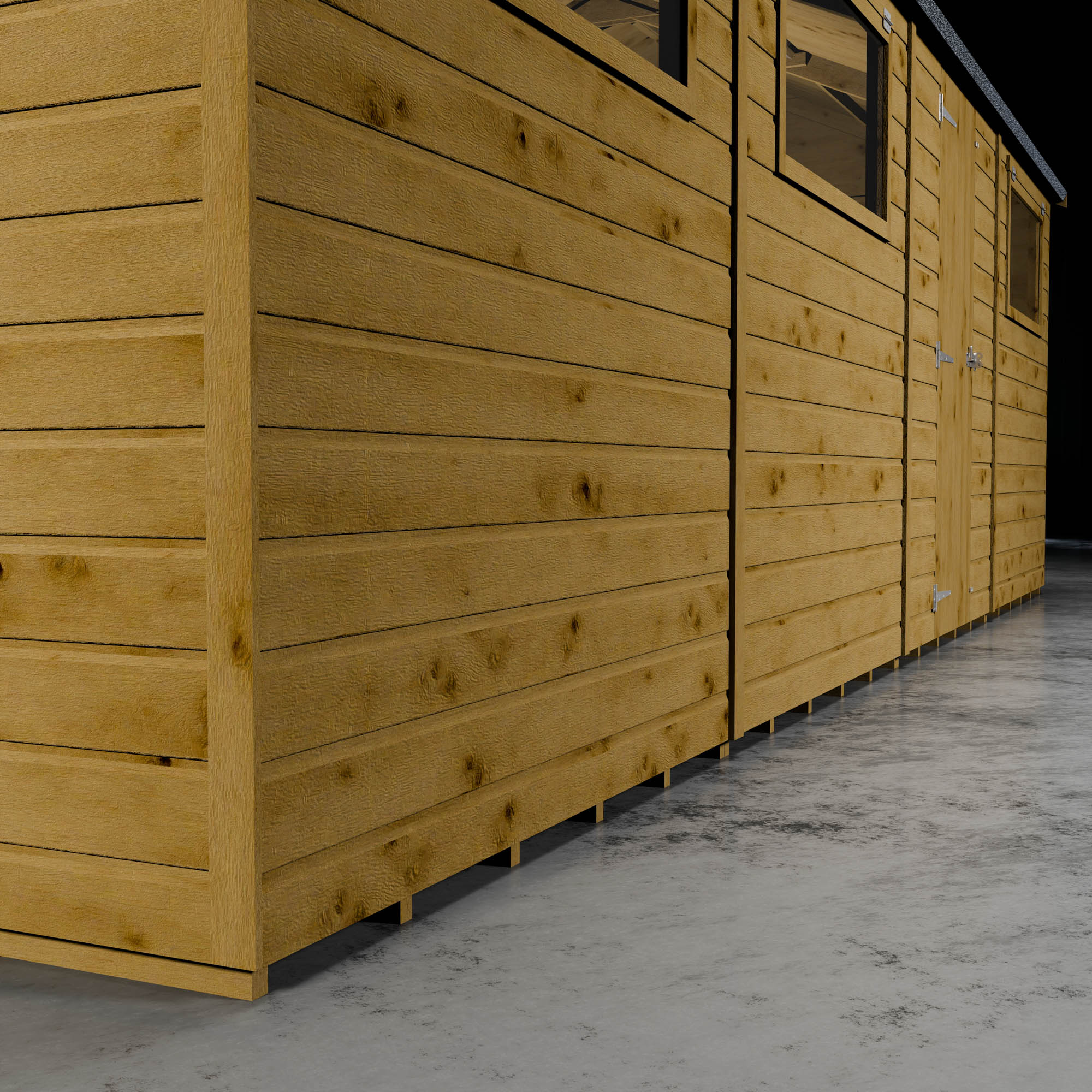 Wooden shiplap cladding also showing three styrene windows and single wooden door.