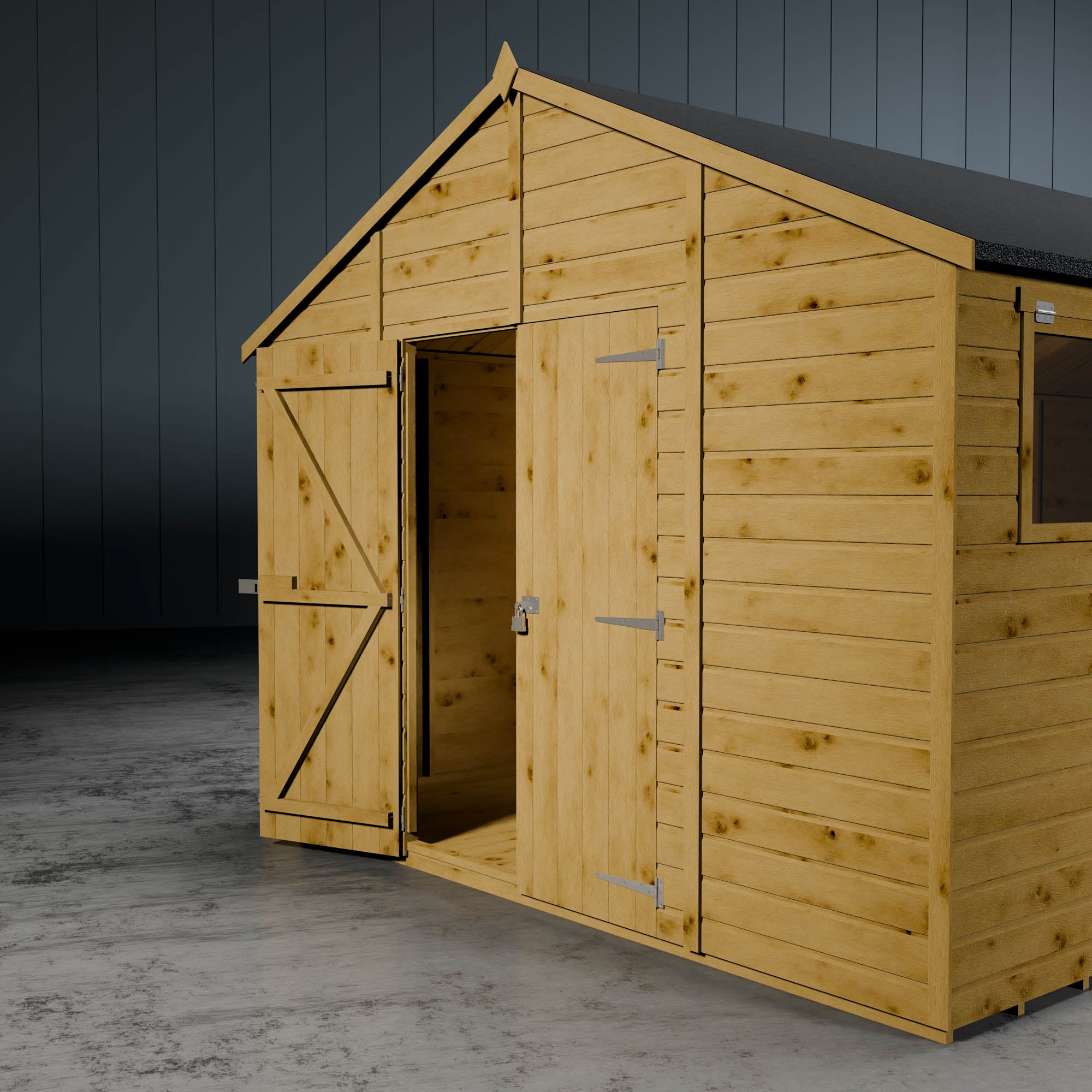 Wooden shiplap apex workshop with open z-frame door.