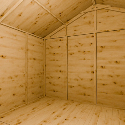 Wooden shed interior with an apex  ceiling