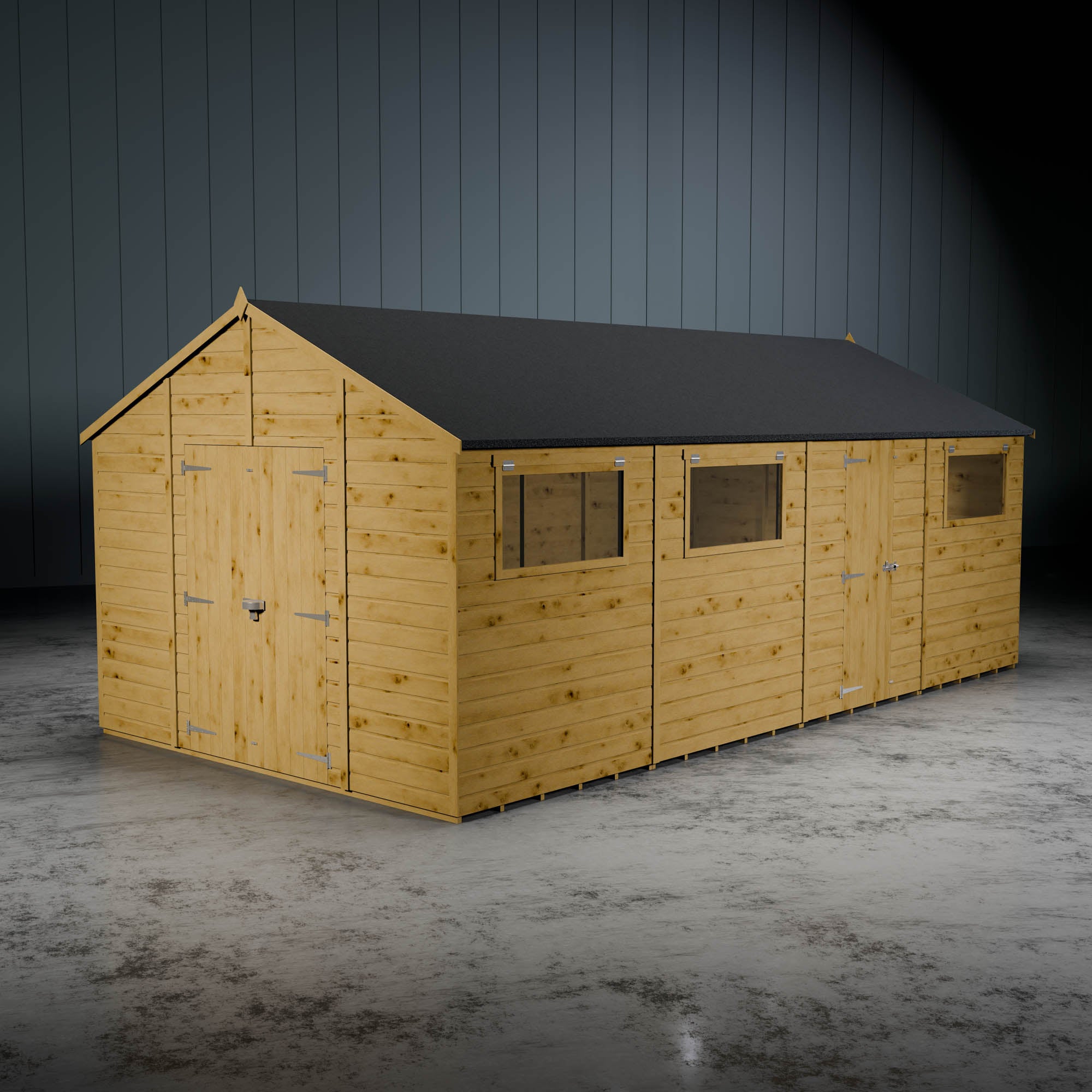 Wooden shiplap apex workshop with three styrene windows, double doors and side door against a metallic backdrop.