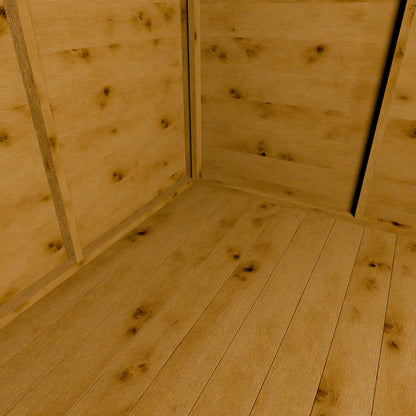 Close-up of a wooden shed interior with visible grain and texture.