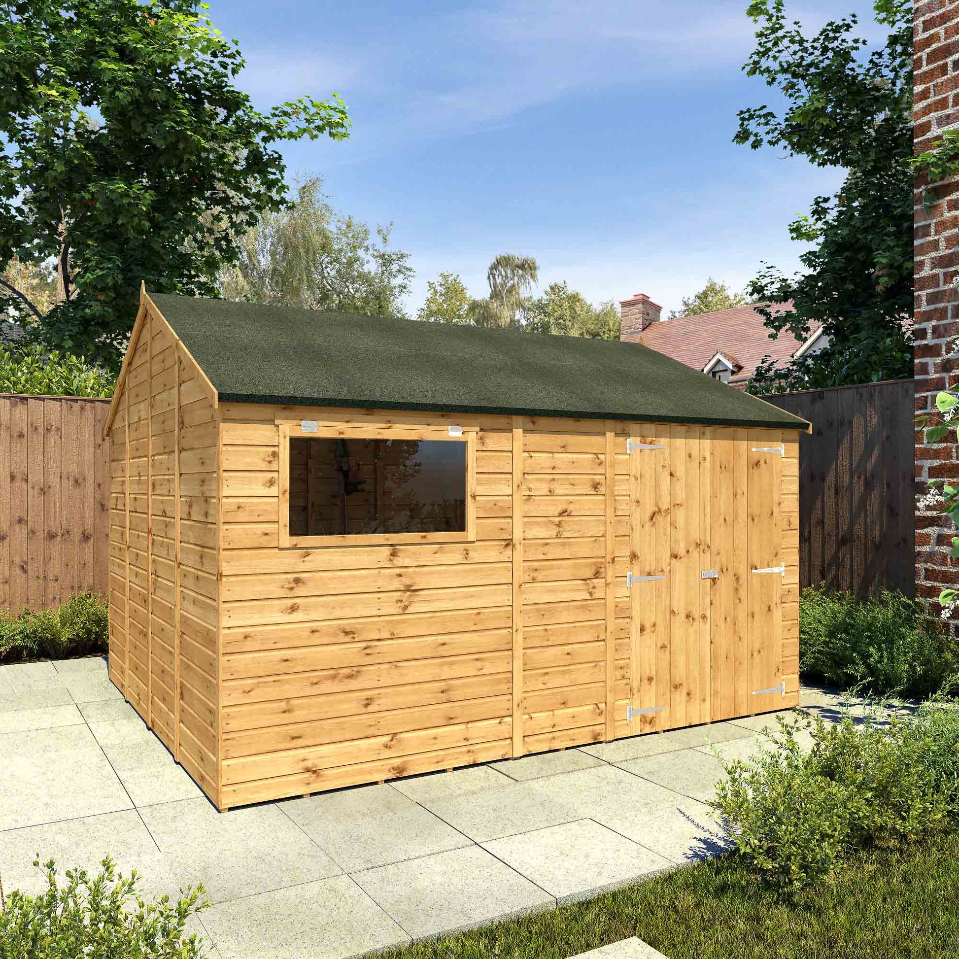 A large timber shed with double doors, apex roof and a window