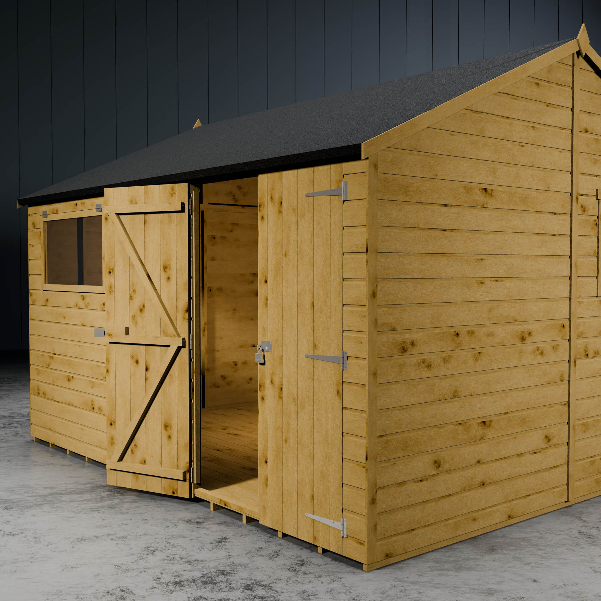 Wooden shiplap apex workshop with one of the double doors open and a single styrene window.