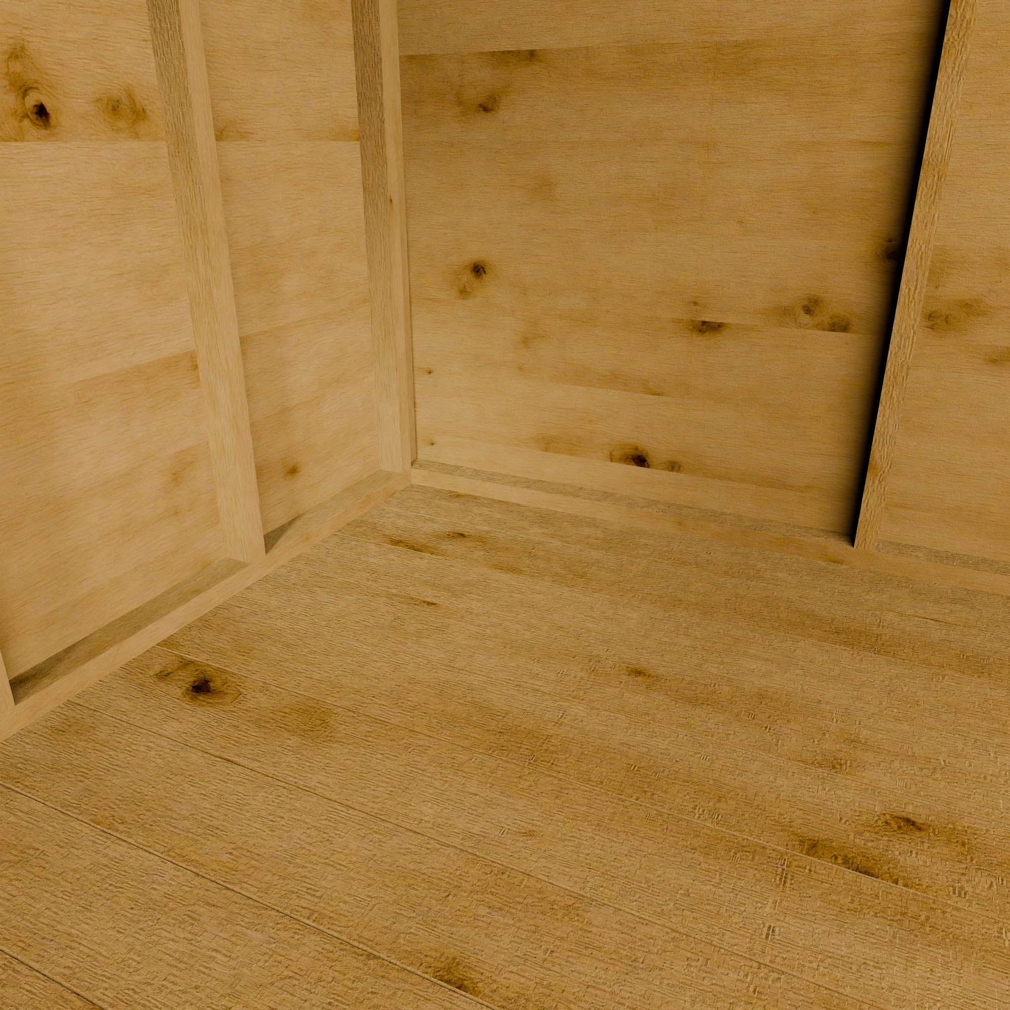 Close-up of a wooden shed floor with visible grain and texture