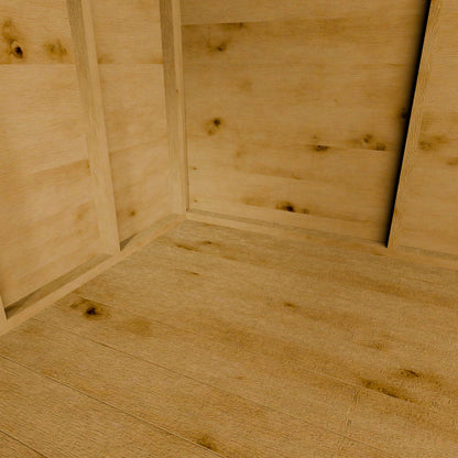 Close-up of a wooden shed floor with visible grain and texture