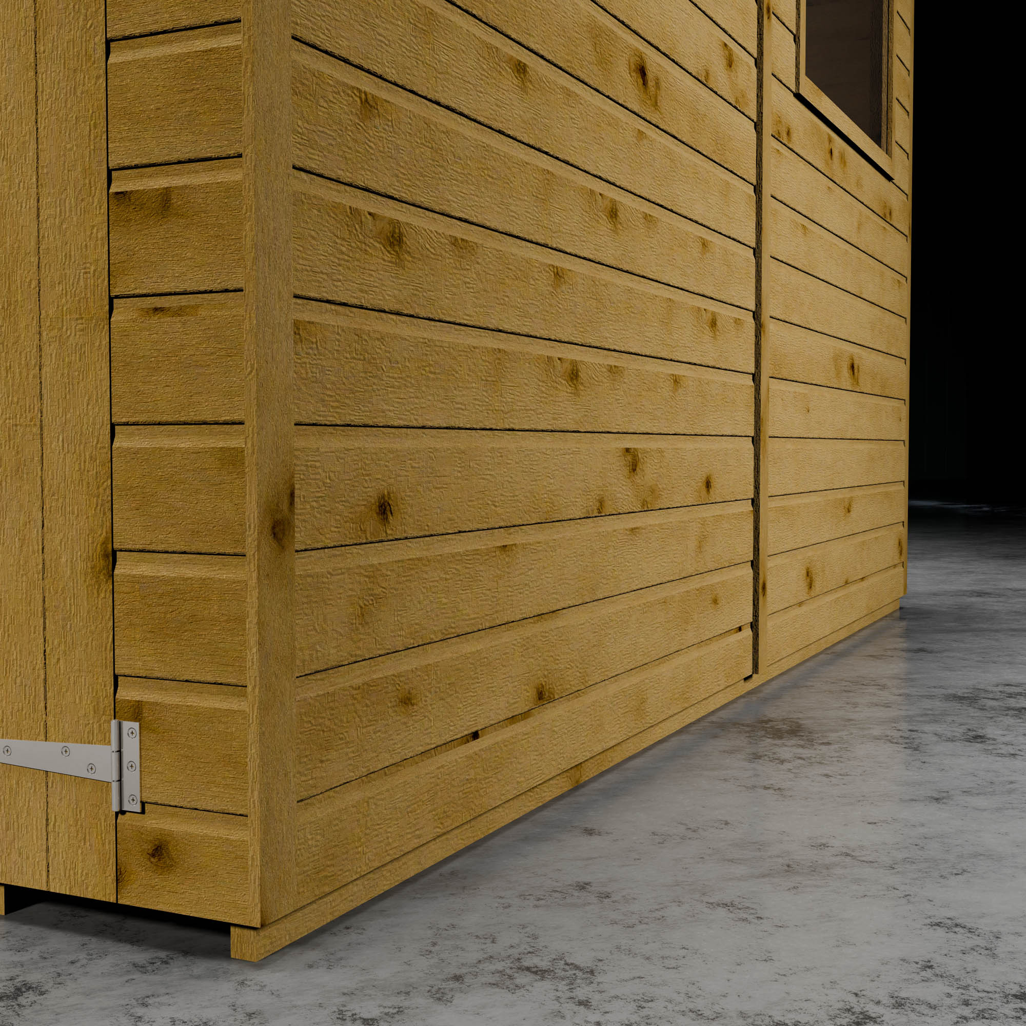 Shiplap cladding of a wooden shed and the T hinge and styrene windows.